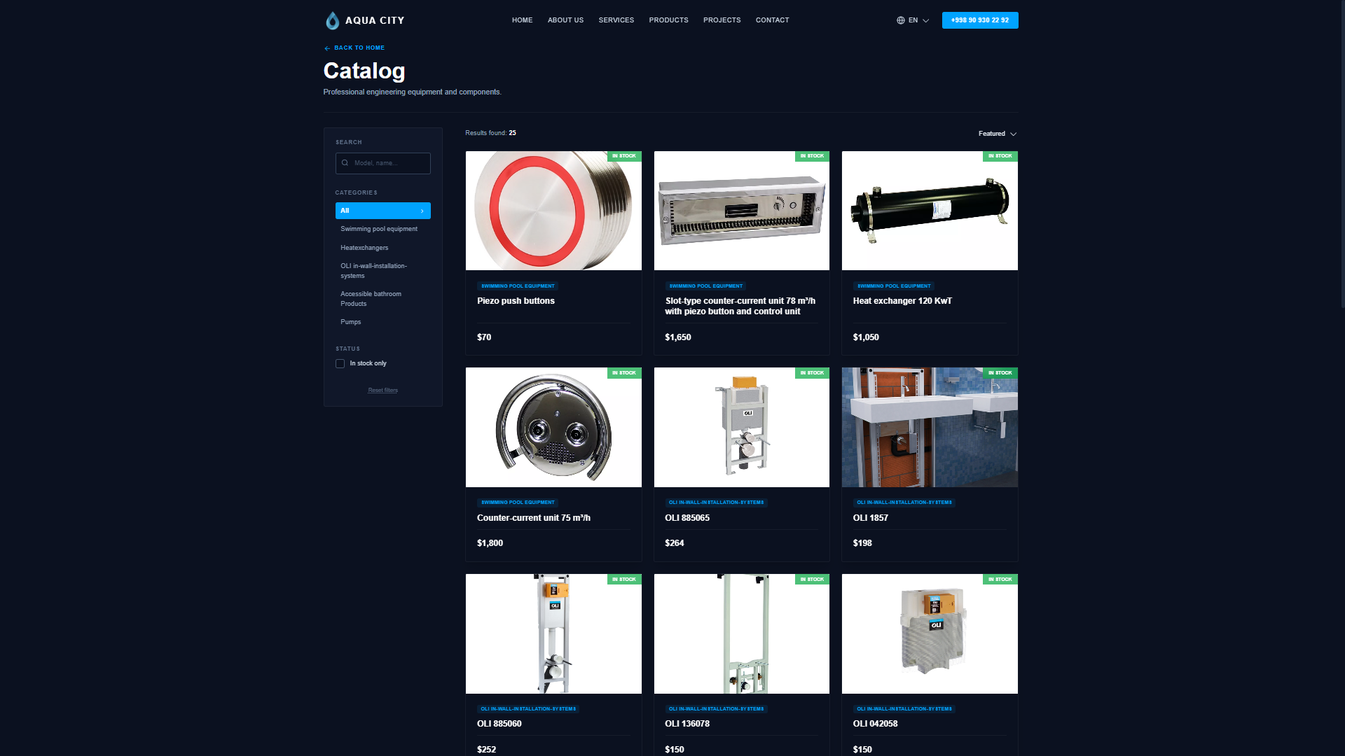 AquaCity completed projects section and contact form