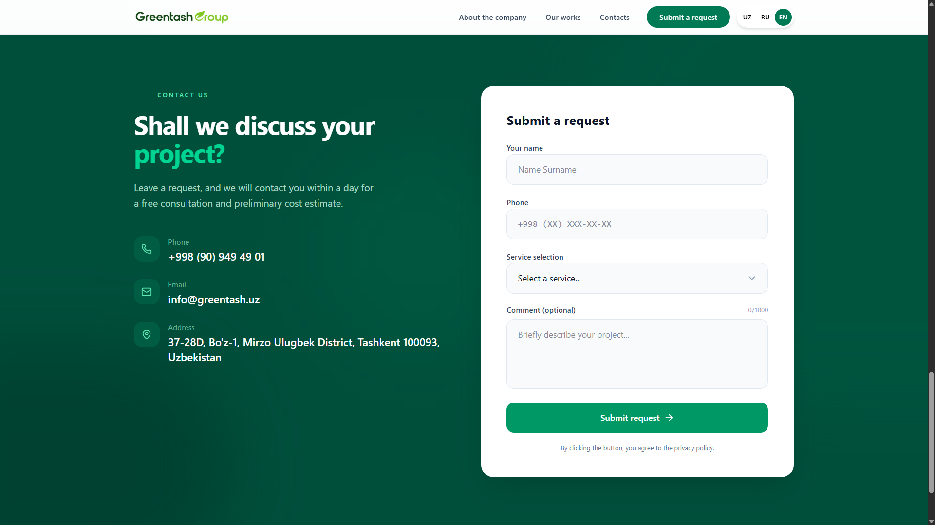 GreenTash Group admin panel — CRUD for projects, categories, partners, and contacts